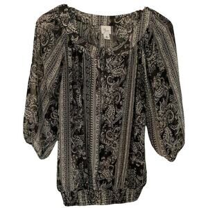 YVOS black And Off White sheer peasant 3/4 Sleeve Gathered Bottom Blouse M